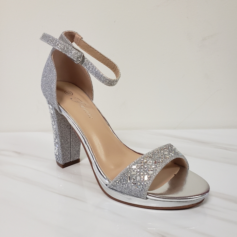 Silver Rhinestone Block Heel with Ankle Strap Women's Size 5.5-9